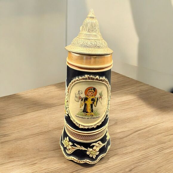 Lidded DBGM Ceramic German Beer Stein with Music Box - Picture 2 of 5